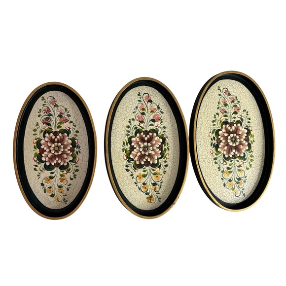 Other - Vintage‎ Floral Hand Painted Nesting Trays Set of 3 Oval Black Gold Crackle Folk
